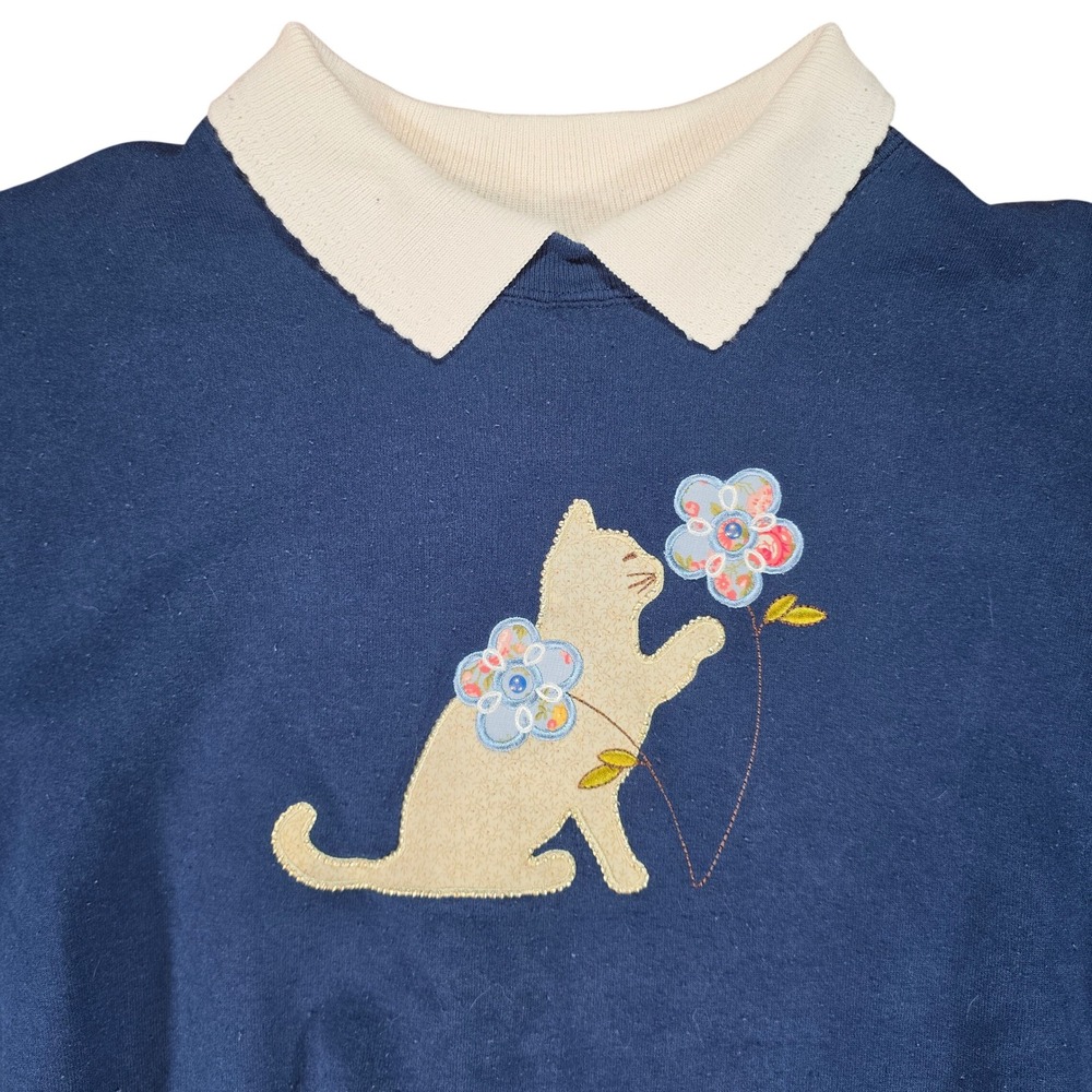 VTG Top Stitch by Morning Sun Navy Blue Cat Flower Embroidered Sweatshirt Med